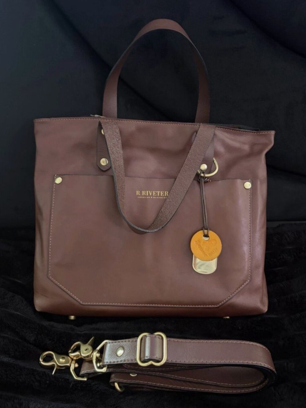 R. Riveter Brown Satchel Top Handle Bag Zip w/ Detachable Adjustable Strap